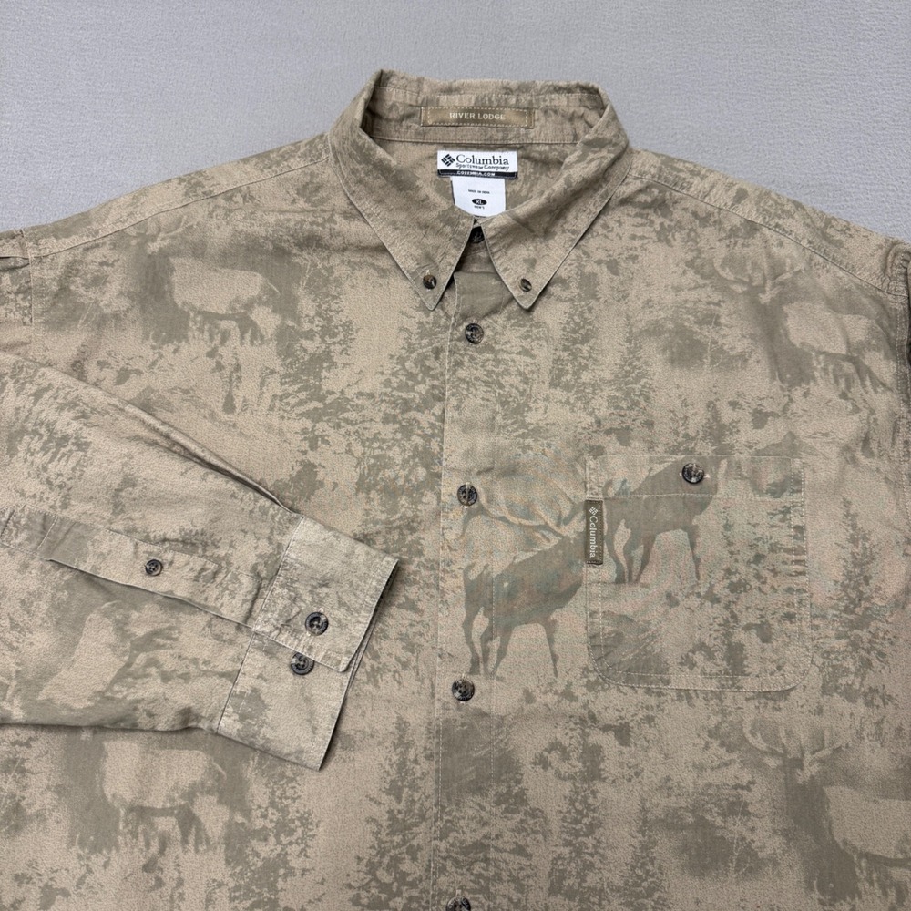 Columbia River Lodge Shirt Mens XL Tan Cotton Elk Wildlife Print Long Sleeve